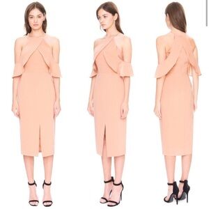 Keepsake the Label / peach Much More cold shoulder slit Ruffle Midi Dress L